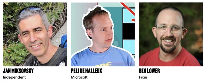 Pictures of the 3 speakers for the Sept 2023 SeattleJS meetup: Jan Miksovsky, Peli de Halleux from Microsoft, and Ben Lower from Fixie.