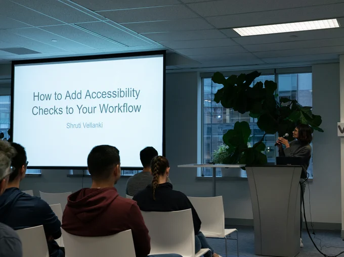 Shruti Vellanki presenting "How to Add Accessibility Checks to Your Workflow"