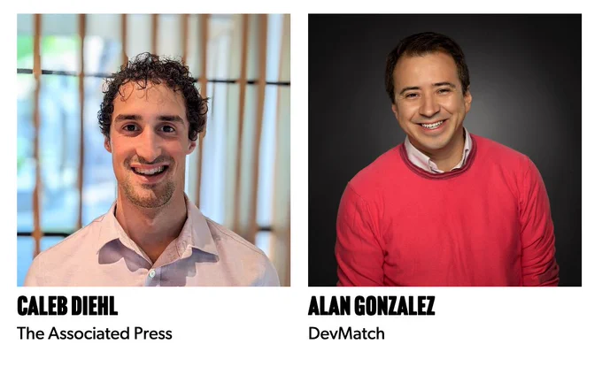 Photos of the Oct 11 SeattleJS meetup speakers, Caleb Diehl from The Associated Press and Alan Gonzalez from DevMatch