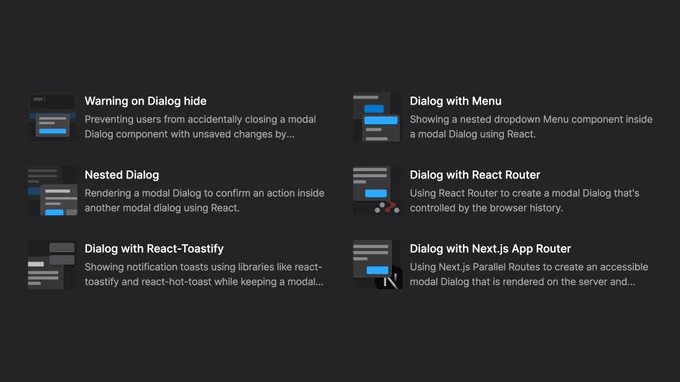 Screenshot of the Dialog section on the Ariakit site's example page. It displays six cards, each featuring an icon, a title, and a description.