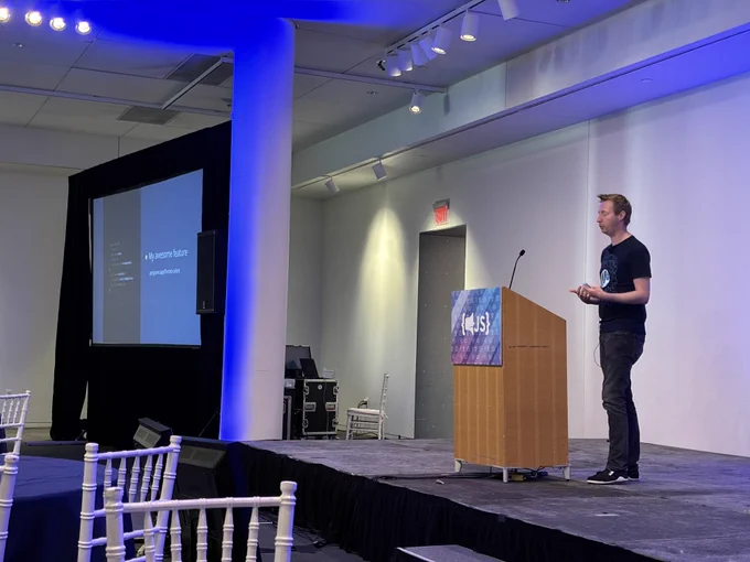 Killian on stage showing how to build an accessible and pretty checkbox with just HTML and CSS