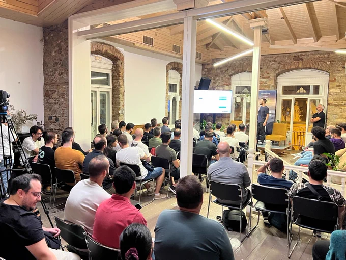 Photos from the place full of people where the 47th GreeceJS meetup was held.