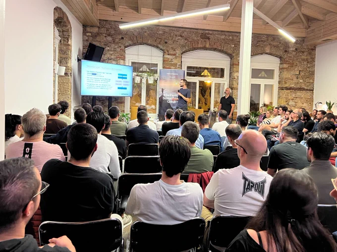 Photos from the place full of people where the 47th GreeceJS meetup was held.