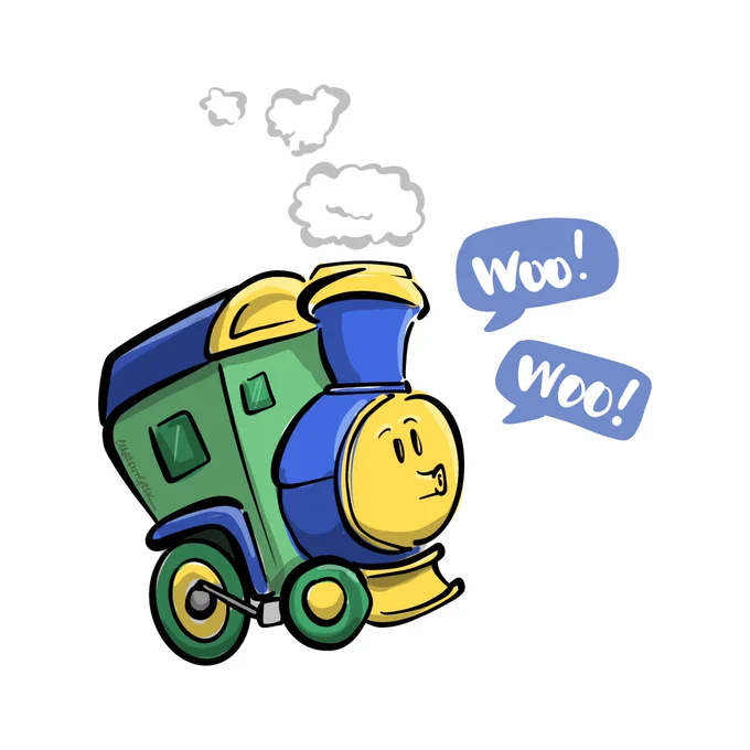 Illustration of a train saying, “Woo! Woo!”
