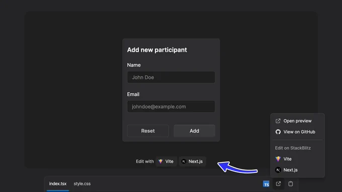 Screenshot of the example preview layout on ariakit.org, with an arrow pointing from options in a dropdown menu to a persistent section of the preview div.