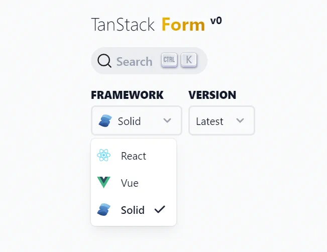 The header for the TanStack v0 docs site with a list of supported frameworks including React, Vue, and Solid
