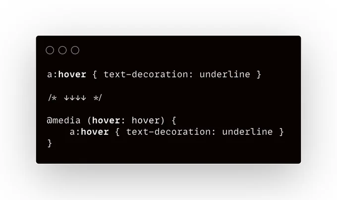 screenshot of a piece of CSS with a :hover selector that is automatically wrapped in a hover media query with the PostCSS plugin from the URL