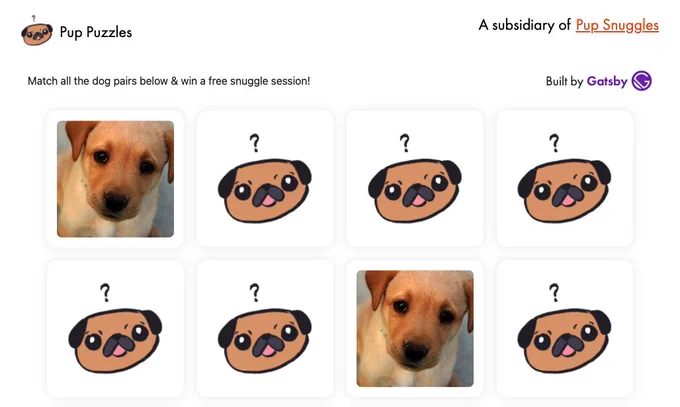 Screenshot of the Pup Puzzles site with the face of a very sweet, blond puppy looking back at you plus Pup Puzzle cards that have yet to be turned over.