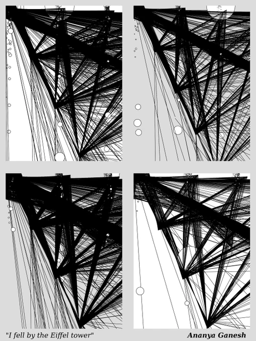 four sketches in p5js that resemble the architecture of the Eiffel tower in closeup