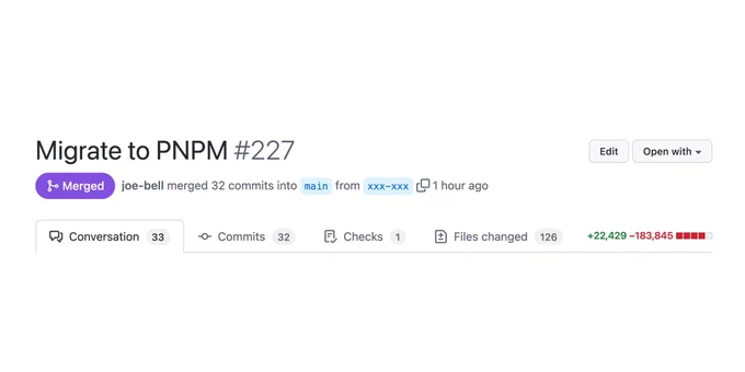 PR with title “Migrate to PNPM”. 126 files changed. 22429 additions. 183845 deletions.