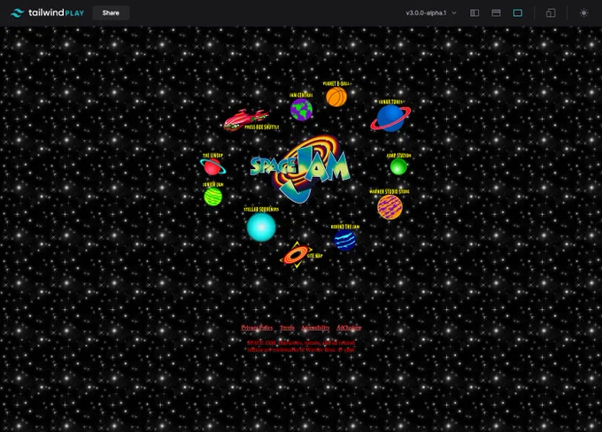A preview of the Space Jam 1996 site rebuilt with Tailwind CSS.
