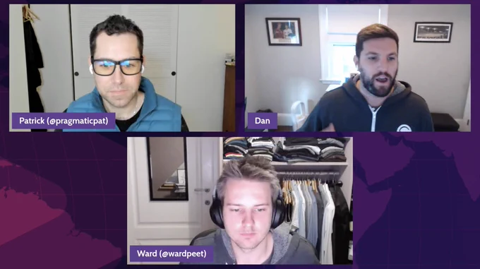Screenshot of Ward, Patrick, and Dan on the Gatsby Twitch live stream on October 21st. 