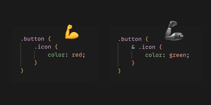old syntax .button { .icon { color: red } } versus new syntax .button { & .icon { color: green } }