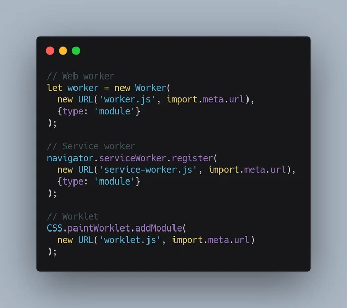 Code example showing a worker, service worker, and CSS paint worklet. See linked docs in tweet for details.
