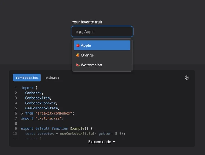 Screenshot of a documentation playground UI showing a combobox component and the code that renders it.