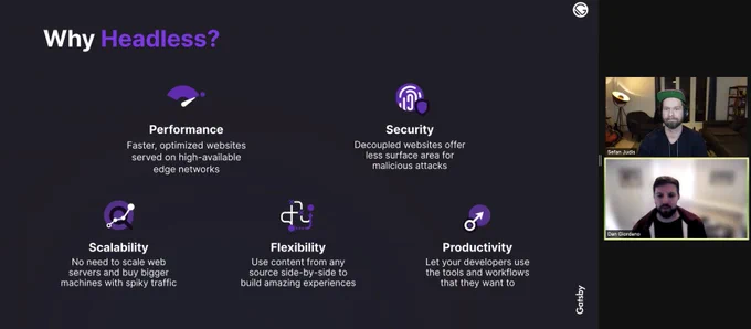 Screenshot of Gatsby + Contentful live webinar hosted by Dan Giordano and Stefan Judis.