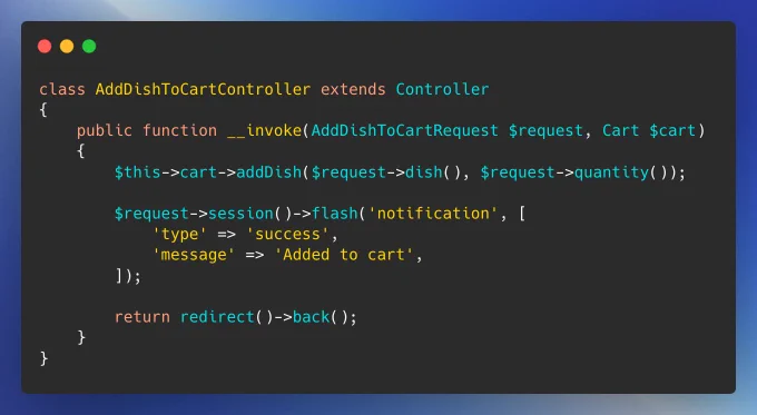 A Laravel single-method controller that adds a dish to a cart, creates a success toast, and redirects back.