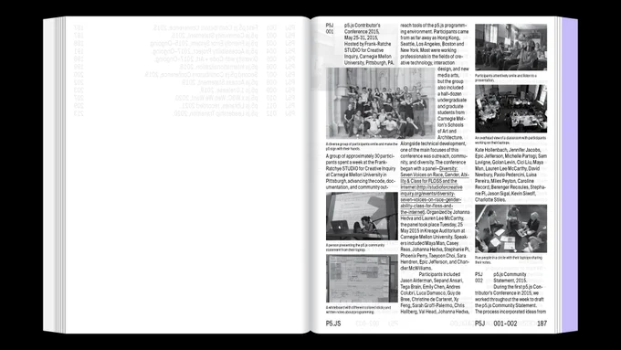 catalog spread showing images of p5.js contributor's conference