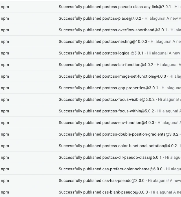 A list of npm emails that state that a plugin has been successfully published.