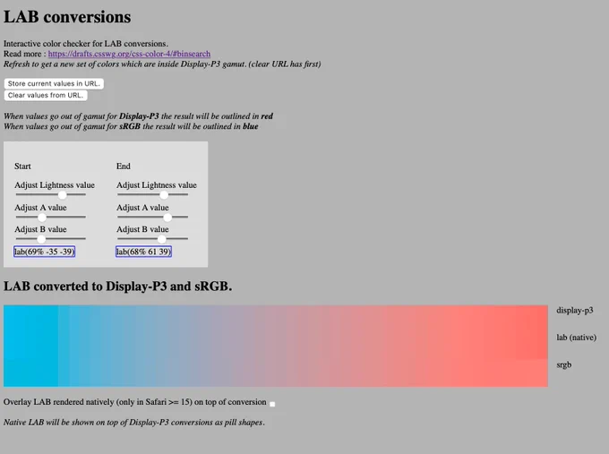 Screenshot of a tool to visualise color conversion from LAB to Display-P3 and sRGB. Currently showing a gradient from a bright blue to a salmon pink. Both get clipped a little bit in sRGB as they are out of gamut.