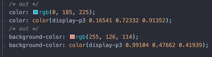 CSS code with Display-P3 values and a fallback in sRGB for older browsers. This code enabled more colors in Safari without breaking in other browsers.