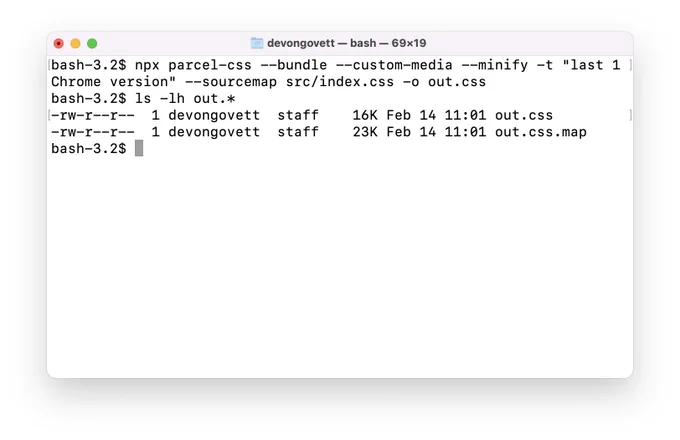screenshot of a terminal showing the parcel-css CLI