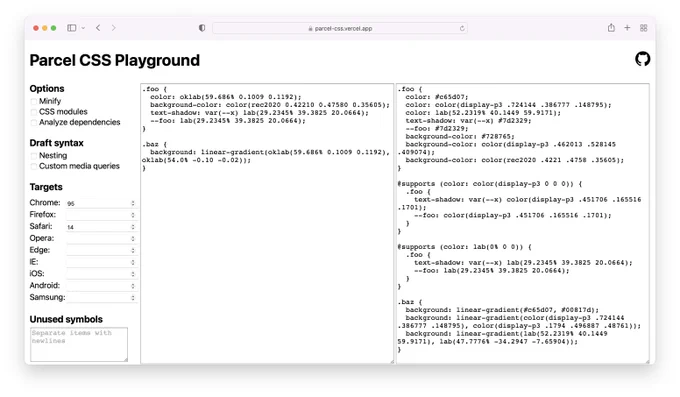 Screenshot of Parcel CSS playground.