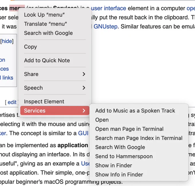 screenshot of the Services submenu in the macOS right-click menu