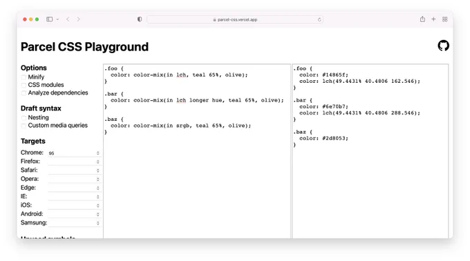 A screenshot of the Parcel CSS playground showing three examples of color-mix.