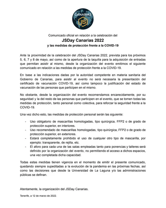 Comunicado oficial sobre medidas de protección frente al COVID para el JSDay Canarias 2022