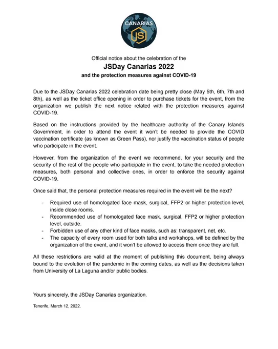 Official announcement about measures against COVID for the JSDay Canarias 2022 event