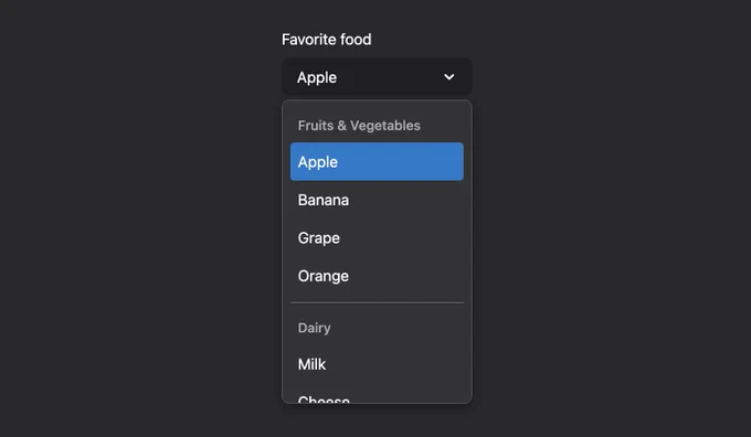 Screenshot of a custom select component with groups