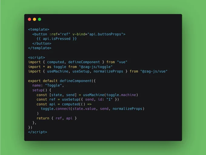 Code that shows how zag.js works with vue single file component.