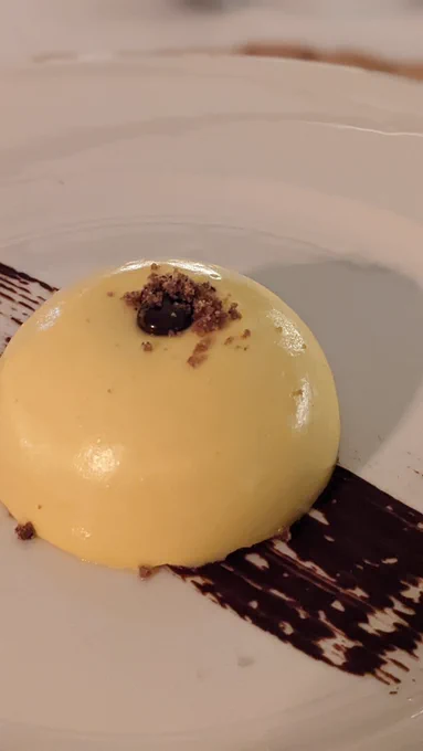 Closeup of a spherical dessert, topped with chocolate crumbs and sauce. 