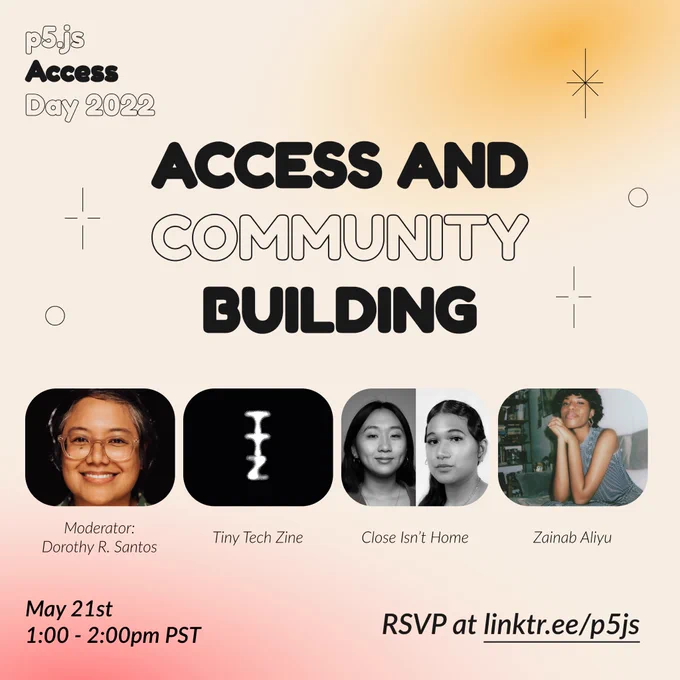 Square Infographic with a tan background and soft glows of red and yellow on borders. In round bold text is the title “Access & Community Building” in the center– surrounded by thin lined star and circles graphics– and the event title “p5.js Access Day 2022” in the top left corner. Under the title are images of the moderator and speakers from left to right: “ Moderator: Dorothy R. Santos, Tiny Tech Zine, Close Isn’t Home, Zainab Aliyu.” The bottom of the infographic includes “May 21st 1:00 pm - 2:00 pm PST” and “RSVP at linktr.ee/p5js” in thin black font.