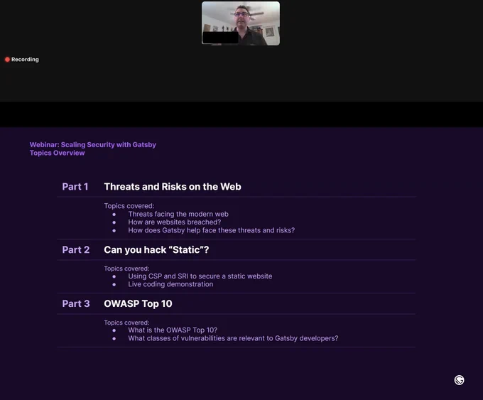 "Scaling Security with Gatsby" webinar overview with Mike Gualtieri and Allen Smith.