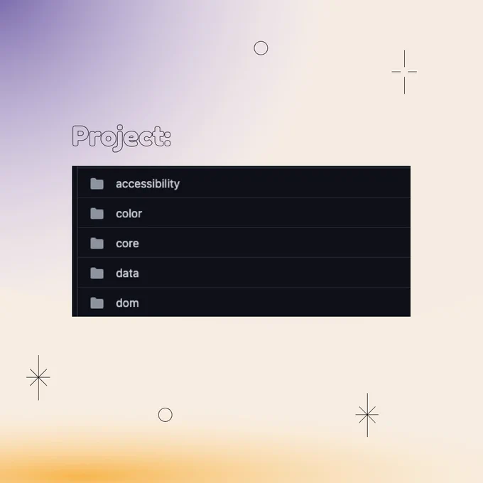 Square Infographic with a tan background and soft glows of blue and yellows. In the center is round bold text, “Projects:” with a rectangular photo underneath: Screenshot from github showing folders in the p5.js source code, the first folder is accessibility next to color, DOM and core. The infographic has scattered graphics of stars and circles.