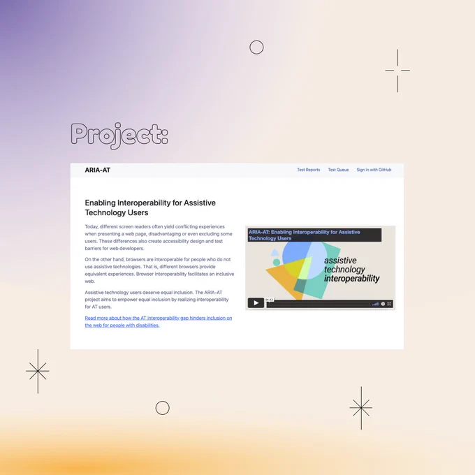 Square Infographic with a tan background and soft glows of blue and yellows. In the center is round bold text, “Projects:” with a rectangular photo underneath: Screenshot of aria-at-app.w3.org. Text reads "Enabling Interoperability for Assistive Technology Users. The infographic has scattered graphics of stars and circles.