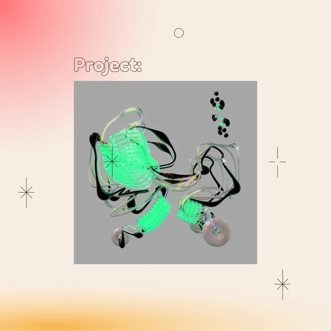 Square Infographic with a tan background and soft glows of red and yellows. In the center is round bold text, “Projects:” with a rectangular photo underneath: An abstract fantastical sort of rollator walker made of transparent neon green, black, peachy silver and glass tubes that twist and bulge over 3 metallic wheels. The device reflects orange sparkles over a solid gray background. The infographic has scattered graphics of stars and circles.