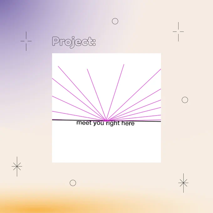 Square Infographic with a tan background and soft glows of blue and yellow. In the center is round bold text, “Projects:” with a rectangular photo underneath: it’s the header of Kevin’s newsletter, crip news. the lines the stretch out from a single point on the horizon and the lines shooting off are pink. There’s text at the vanishing point: meet you right here. The infographic has scattered graphics of stars and circles.