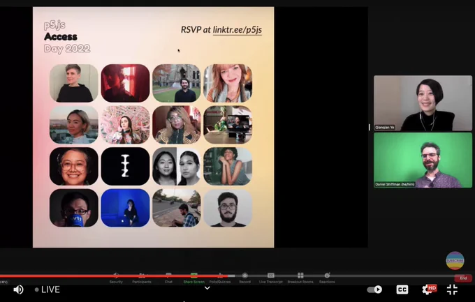 Screenshot of the Coding Train live streaming. Left side is a p5.js Access Day poster with a 4 images by 4 images grid of the speakers and moderators of p5 Access Day. Right side is Qianqian and Dan smiling to the camera.