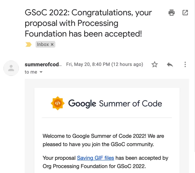screen capture of an email stating that the tweet author has been accepted for the Google Summer of Code program