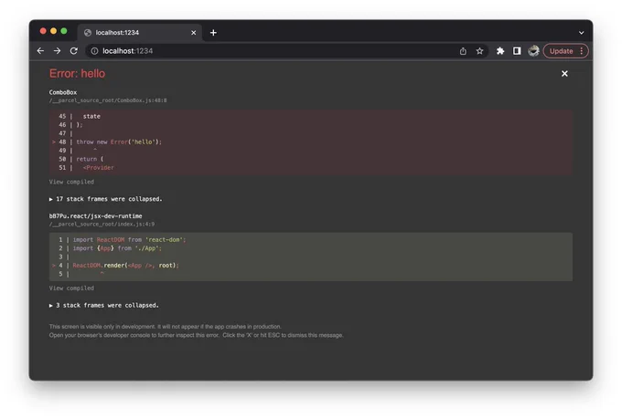 A screenshot of a browser displaying an error in a React application. Includes a code frame with the error location.