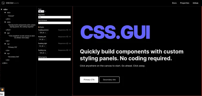Screenshot of the CSS.GUI website splash page. Depicts an interactive page that people can edit. 