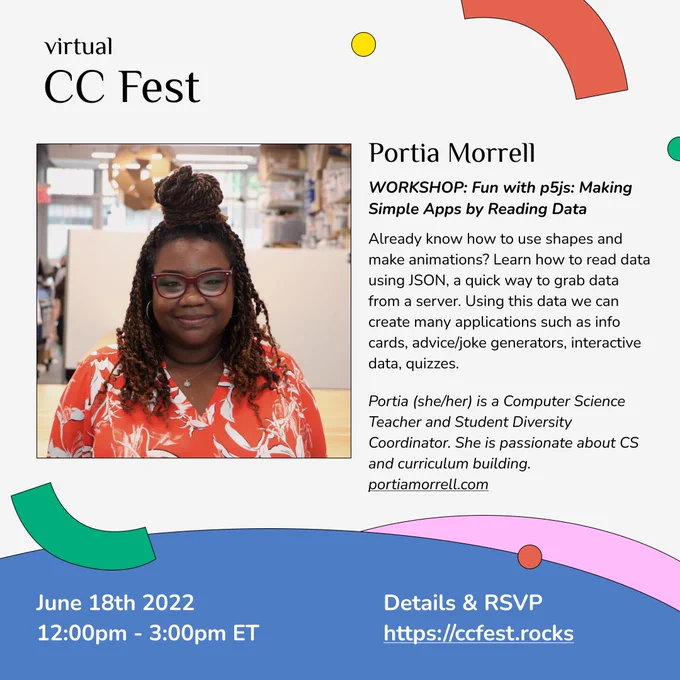 a flyer for Portia's session at #virtualCCFest. In their profile picture there is a black woman with a white and orange shirt smiling at the camera. In the background is classroom. Next to the picture is their bio and session details, which can also be found at https://ccfest.rocks/register/