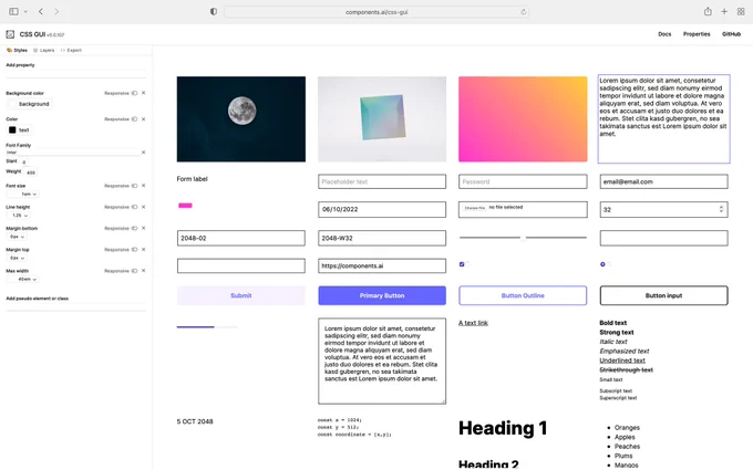 Screenshot of the CSS GUI homepage. It shows a grid of different HTML elements arranged in a 4 column layout.