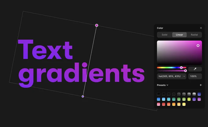 Screenshot of the new text gradients feature in Framer