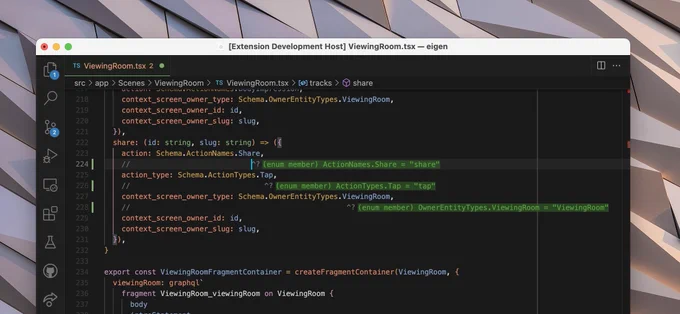 Shows VS Code, with a TypeScript React component which has a few comments which show the type of some enums inline