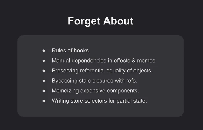 Rules of hooks.
Manual dependencies in effects & memos.
Preserving referential equality of objects.
Bypassing stale closures with refs.
Memoizing expensive components.
Writing store selectors for partial state.