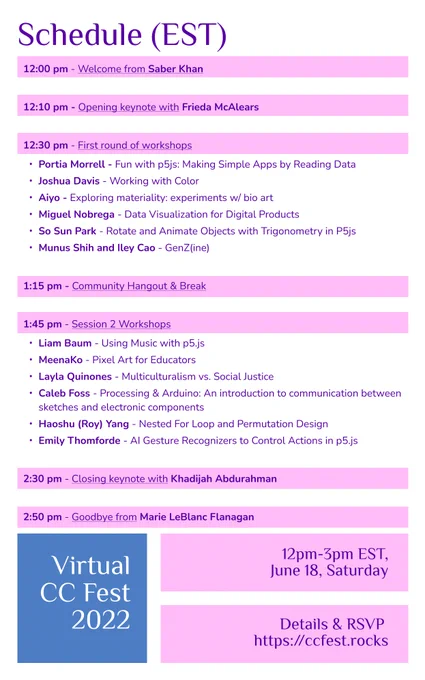 A flyer showing the schedule for #virtualCCFest. It is a three hour event with an opening and closing keynotes, and two rounds of concurrent sessions lasting 45 mins with a break in between. There are 6 concurrent session in each round. All the session info is a https://ccfest.rocks